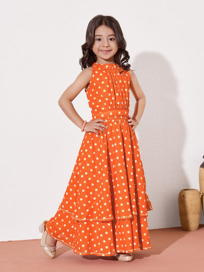 Girls Foil Polka Dot Layered Ethnic Gown Dress With Waist Belt Detail