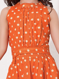 Girls Foil Polka Dot Layered Ethnic Gown Dress With Waist Belt Detail