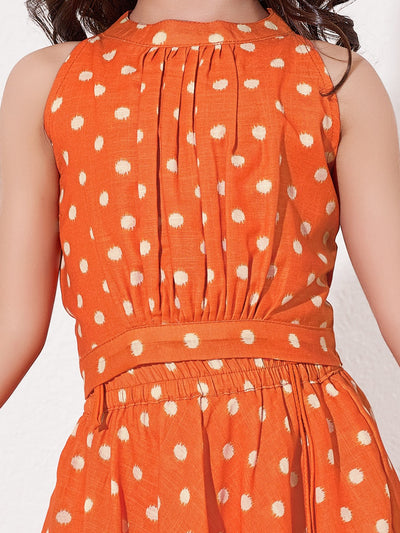 Girls Foil Polka Dot Layered Ethnic Gown Dress With Waist Belt Detail