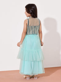 Girls Embroidered Crop Top With Layered Flared Skirt & Net Cape Set