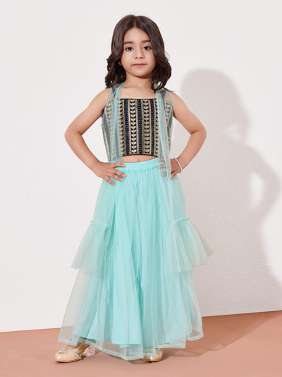 Girls Embroidered Crop Top With Layered Flared Skirt & Net Cape Set