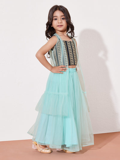 Girls Embroidered Crop Top With Layered Flared Skirt & Net Cape Set