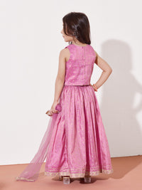 Girls Ethnic Co-Ord Set With Crop Top, Flared Palazzo & Dupatta