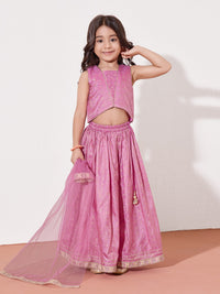 Girls Ethnic Co-Ord Set With Crop Top, Flared Palazzo & Dupatta