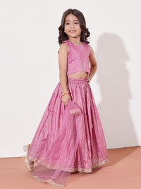 Girls Ethnic Co-Ord Set With Crop Top, Flared Palazzo & Dupatta