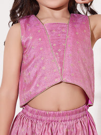 Girls Ethnic Co-Ord Set With Crop Top, Flared Palazzo & Dupatta