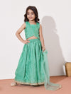 Girls Ethnic Co-Ord Set With Crop Top, Flared Palazzo & Dupatta