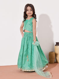 Girls Ethnic Co-Ord Set With Crop Top, Flared Palazzo & Dupatta