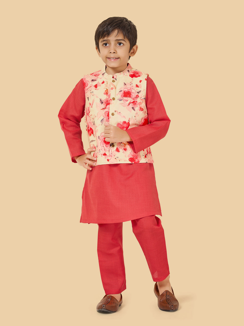 Boys Kurta Pyjama Set With Floral Jacket