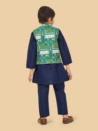 Boys Kurta Pyjama Set With Printed Jacket