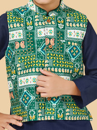 Boys Kurta Pyjama Set With Printed Jacket