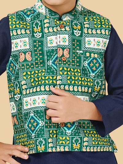Boys Kurta Pyjama Set With Printed Jacket