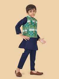 Boys Kurta Pyjama Set With Printed Jacket