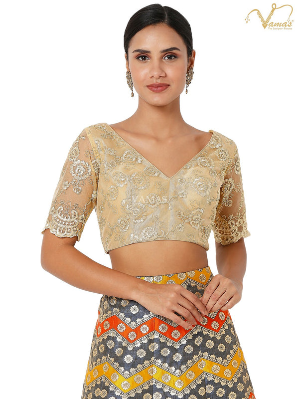 Vamas Women's Net Padded Back Open Elbow Sleeves Saree Blouse ( X-1063.ELB )