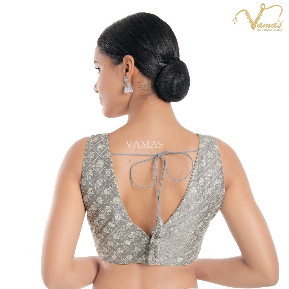 Vamas Women's Jain Silk Padded Back Open Sleeveless Saree Blouse ( X-1073.NS )