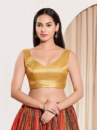 Vamas Shimmer V Neck Yoke Solid Sleeveless Blouse
