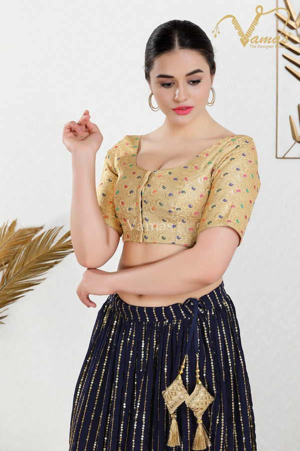 Vamas Women's Brocade Padded Front Open Elbow Sleeves Saree Blouse ( X-1102.ELB )