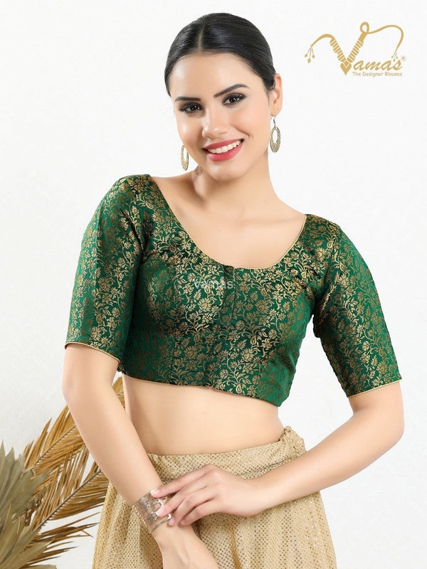 Vamas Women's Brocade Padded Front Open Elbow Sleeves Saree Blouse ( X-1126.ELB )