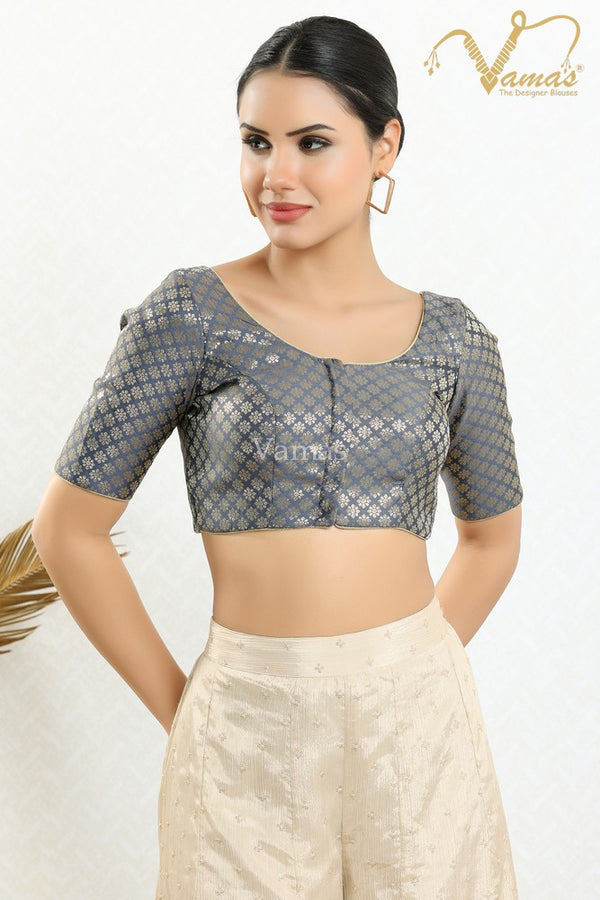 Vamas Women's Brocade Padded Front Open Elbow Sleeves Saree Blouse ( X-1127.ELB )