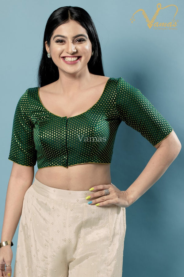 Vamas Women's Brocade Padded Front Open Elbow Sleeves Saree Blouse ( X-1152.ELB )