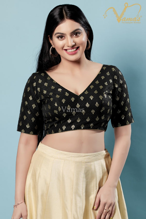 Vamas Women's Brocade Padded Back Open Elbow Sleeves Saree Blouse ( X-1153.ELB )