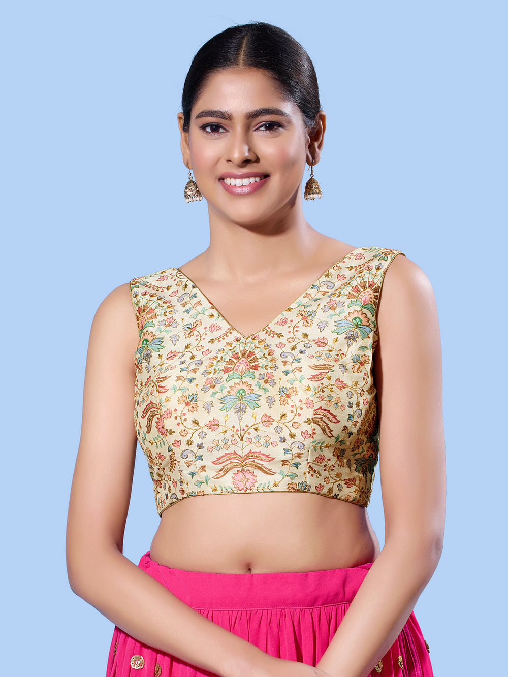 V Neck Multi Embroidery Sleeeveless Blouse