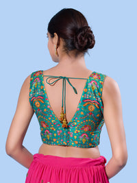 V Neck Multi Embroidery Sleeeveless Blouse