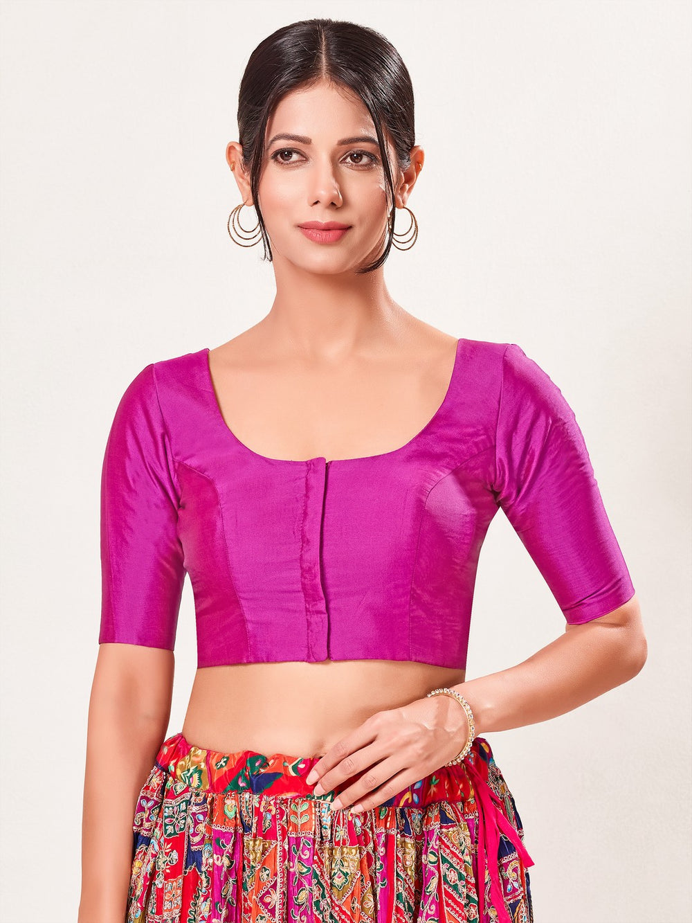 Vamas Taffeta Silk Round Neck Elbow Sleeves Blouse