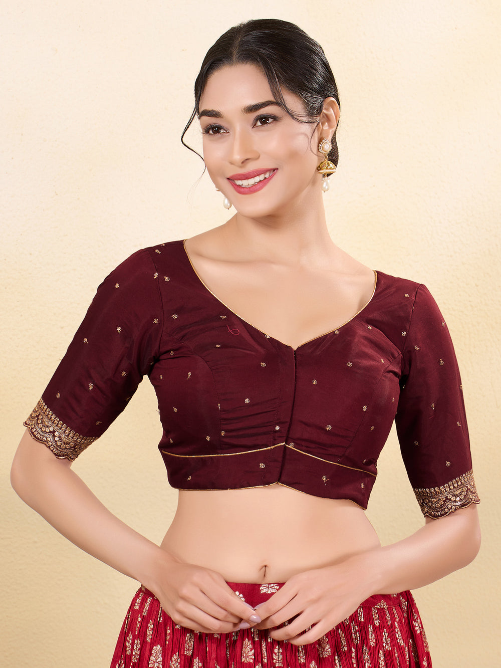 Vamas Art Silk Front Open Scallop Embroidery Sleeves Yoke Blouse