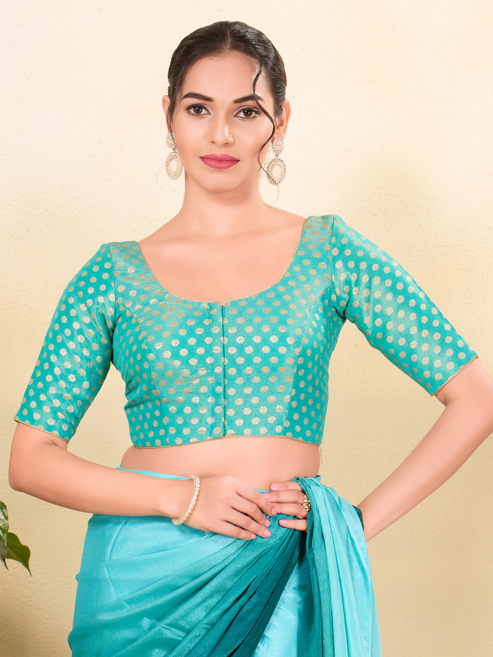 Tissue Butti Front Open Round Neck Blouse
