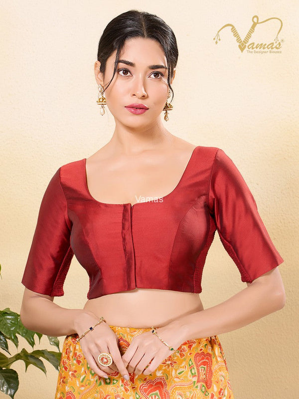 Vamas Women's Taffeta Silk Padded Front Open Elbow Sleeves Saree Blouse ( X-1216.ELB )
