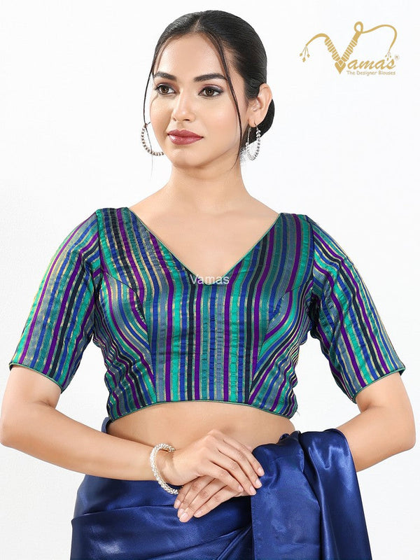 Vamas Women's Brocade Padded Back Open Elbow Sleeves Saree Blouse ( X-1254.ELB )