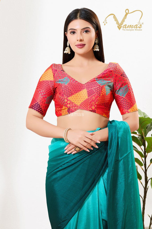 Vamas Women's Brocade Padded Back Open Elbow Sleeves Saree Blouse ( X-1256.ELB )