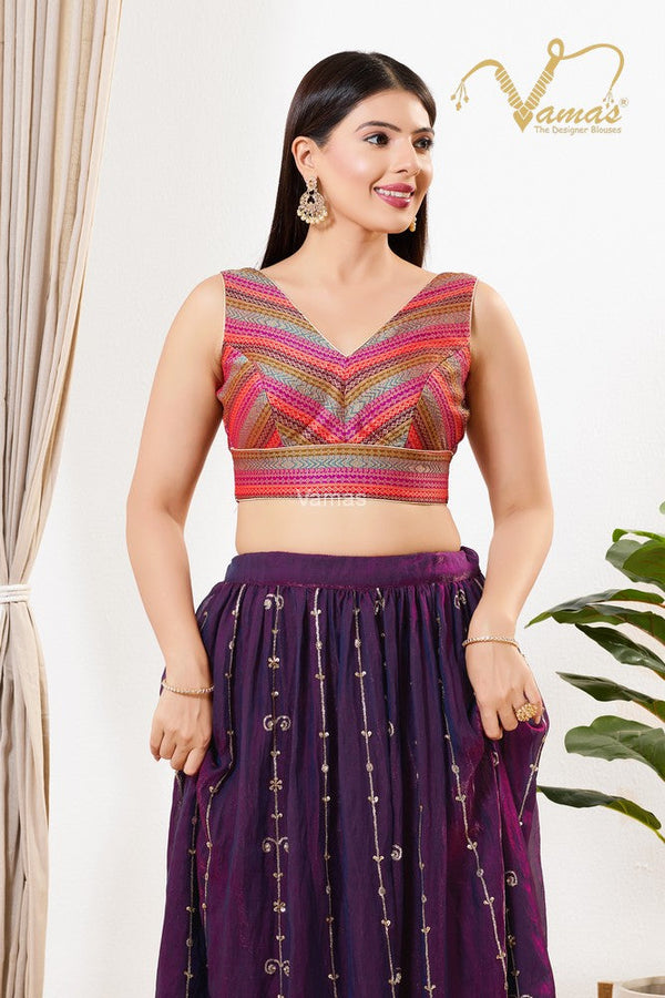 Vamas Women's Brocade Padded Back Open Sleeveless Saree Blouse ( X-1258.NS )