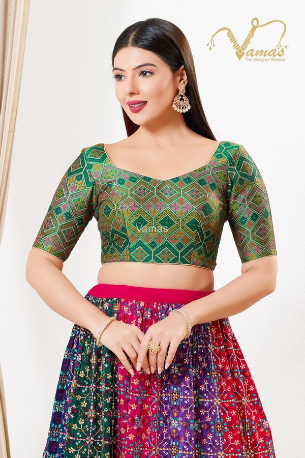 Vamas Women's Brocade Padded Back Open Elbow Sleeves Saree Blouse ( X-1266.ELB )