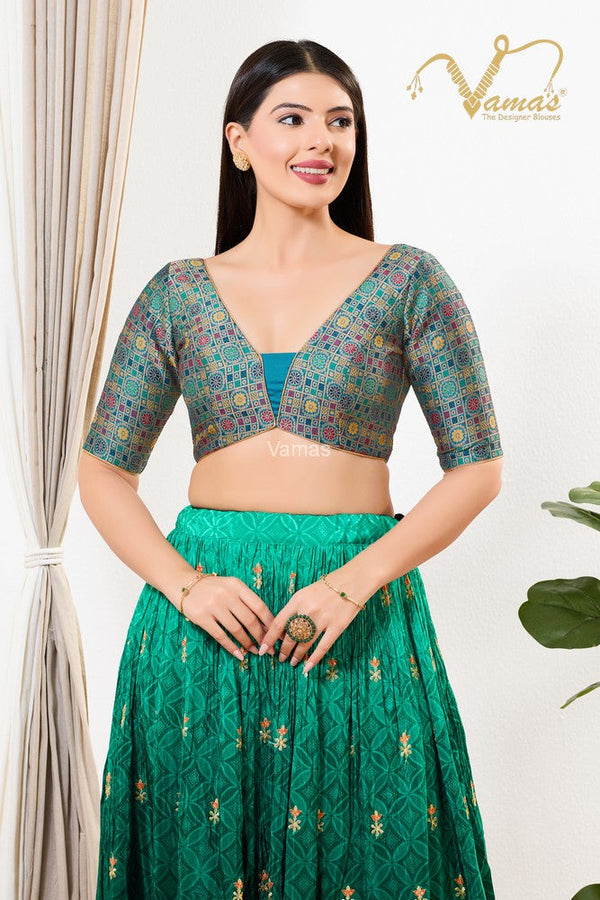 Vamas Women's Brocade Padded Back Open Elbow Sleeves Saree Blouse ( X-1267.ELB )