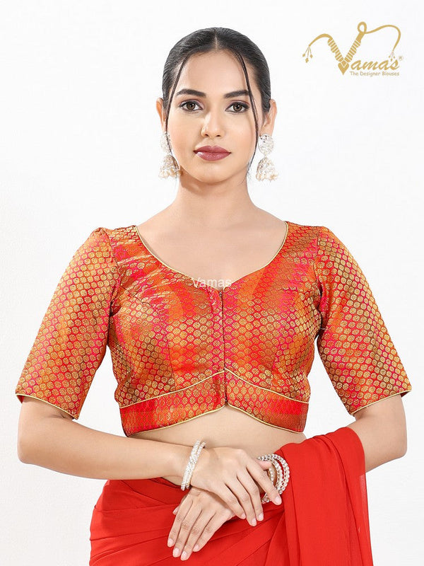 Vamas Women's Brocade Padded Front Open Elbow Sleeves Saree Blouse ( X-1278.ELB )