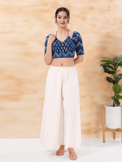 Vamas Dual Neck Indigo Print Cotton Elbow Sleeves Blouse