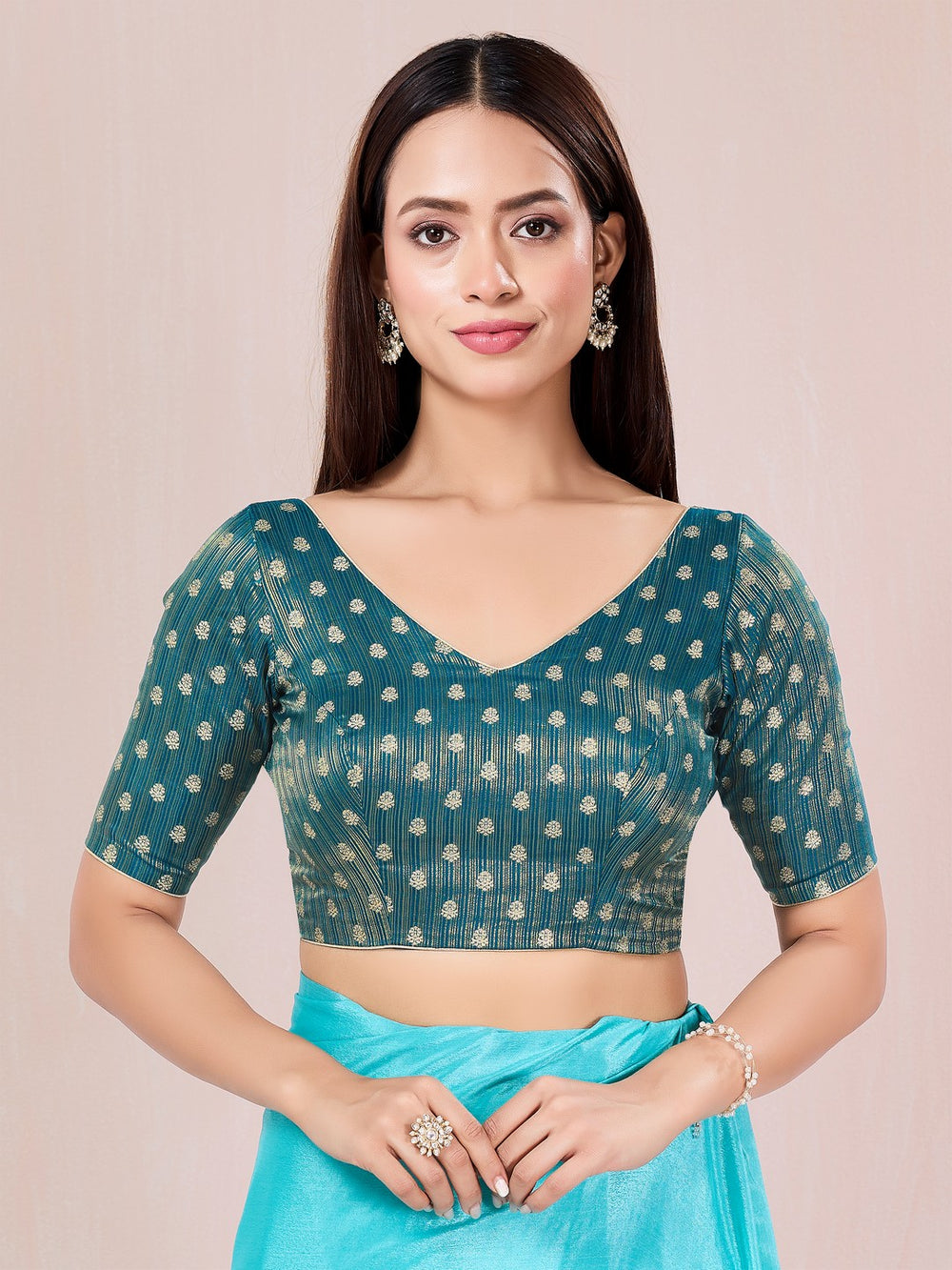 Vamas Signature V Neck Brocade Blouse