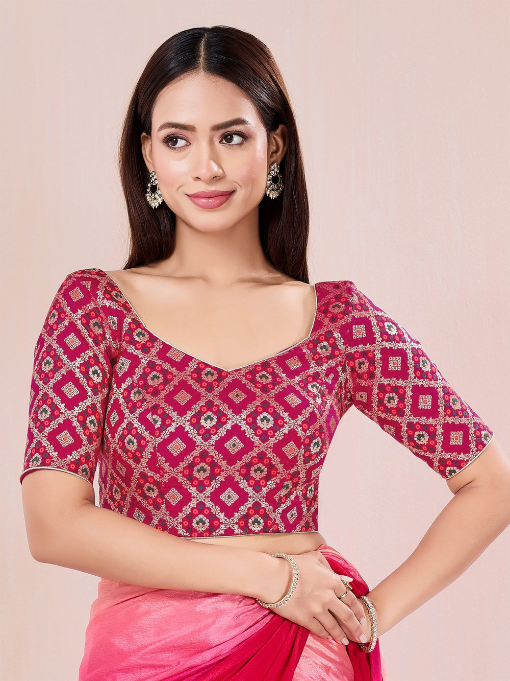 Vamas Bandhani Brocade Elbow Sleeves Blouse