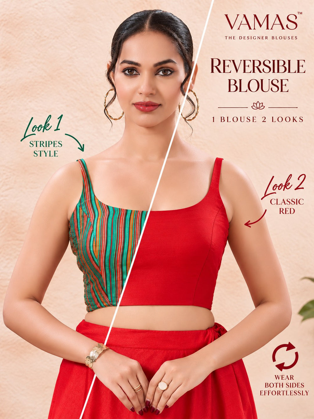 Vamas Reversible Red With Green Stripes Round Neck Side Stretch Blouse