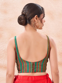 Vamas Reversible Red With Green Stripes Round Neck Side Stretch Blouse