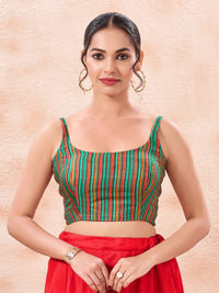Vamas Reversible Red With Green Stripes Round Neck Side Stretch Blouse