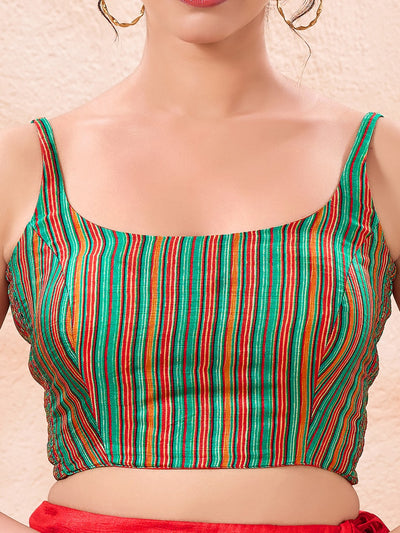Vamas Reversible Red With Green Stripes Round Neck Side Stretch Blouse