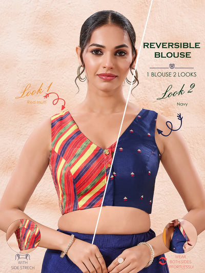 Vamas Reversible Laheriya Printed With Taffeta Butti V Neck Side Stretch Blouse