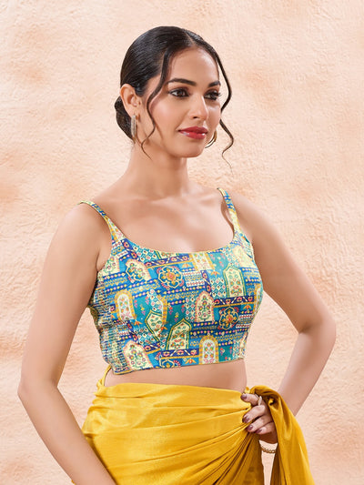 Vamas Reversible Vibrant Printed Yellow With Rama Sleeveless Side Stretch Blouse