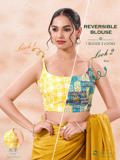 Vamas Reversible Vibrant Printed Yellow With Rama Sleeveless Side Stretch Blouse