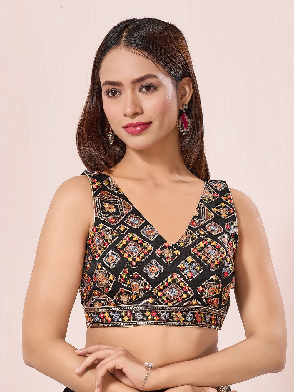 Heavy Abhala Embroidered Multicolored V Neck Navratri Blouse