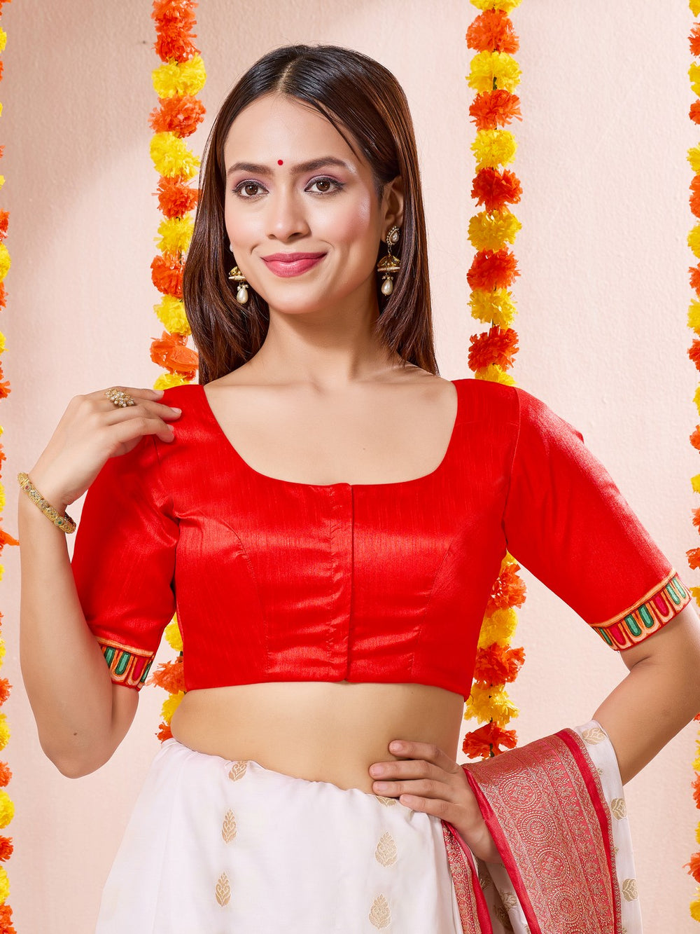 Vamas Durga Pooja Special Round Neck Elbow Sleeves Blouse