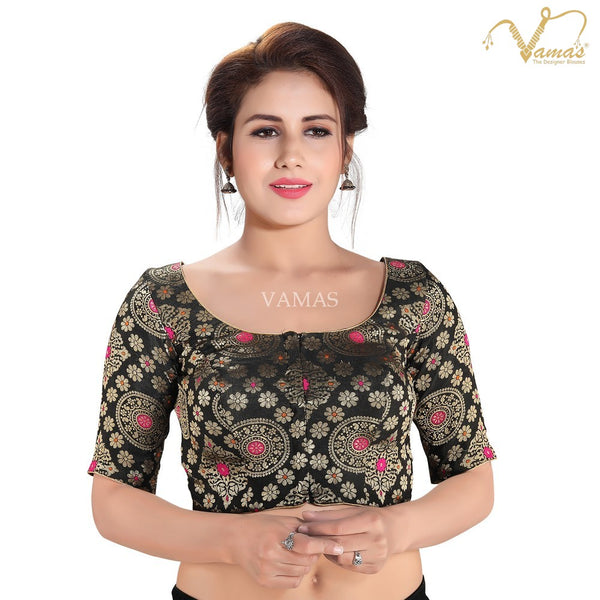 Vamas Women's Brocade Padded Front Open Elbow Sleeves Saree Blouse ( X-891.ELB )